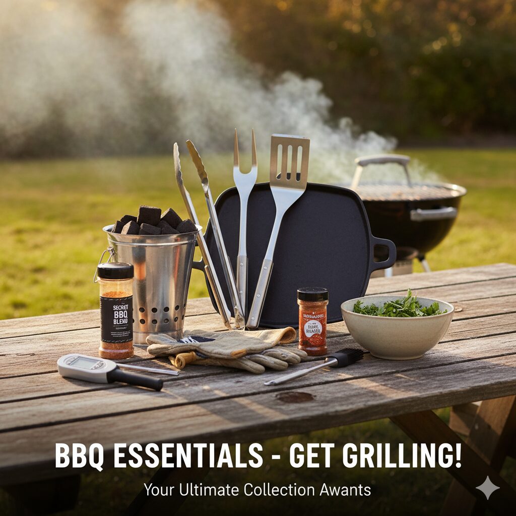 A collection of must-have BBQ accessories ready for grilling.