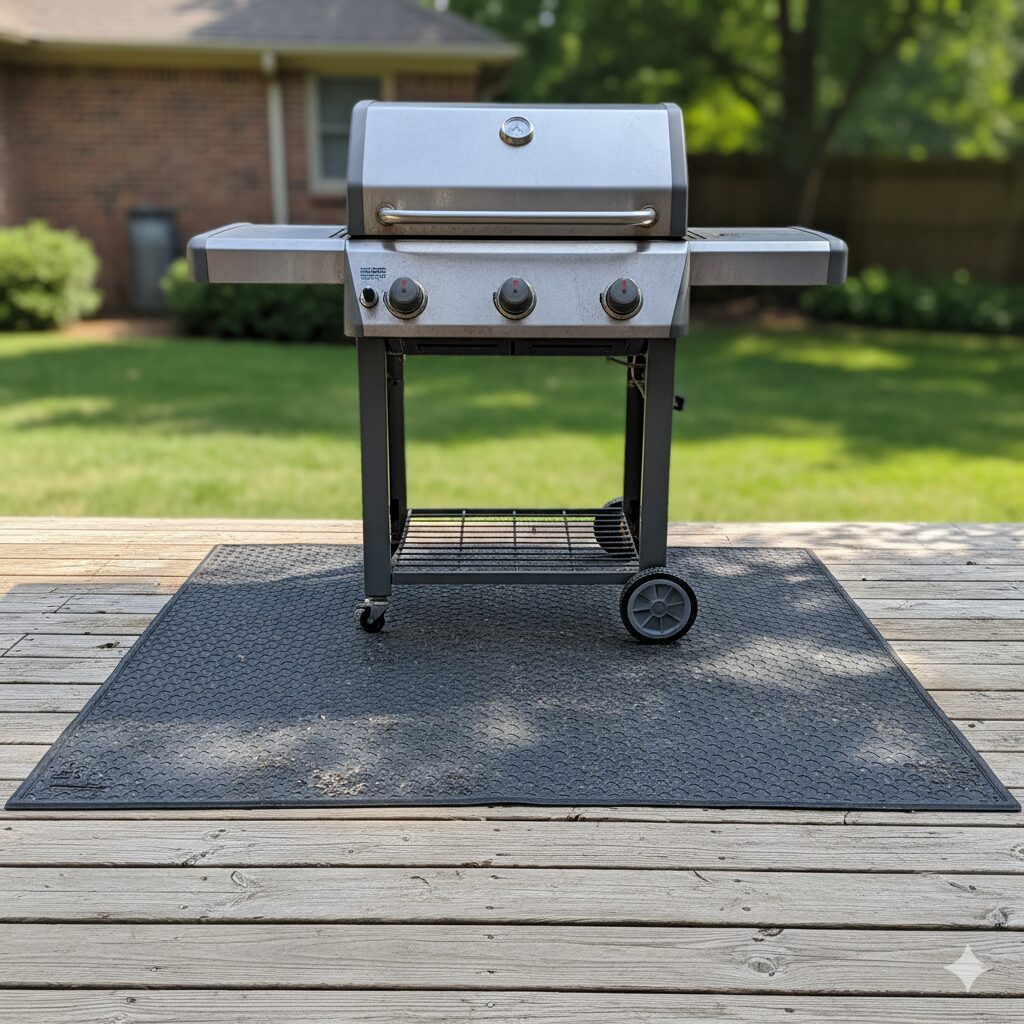 A black grill mat protecting a wooden deck under a barbecue grill.
