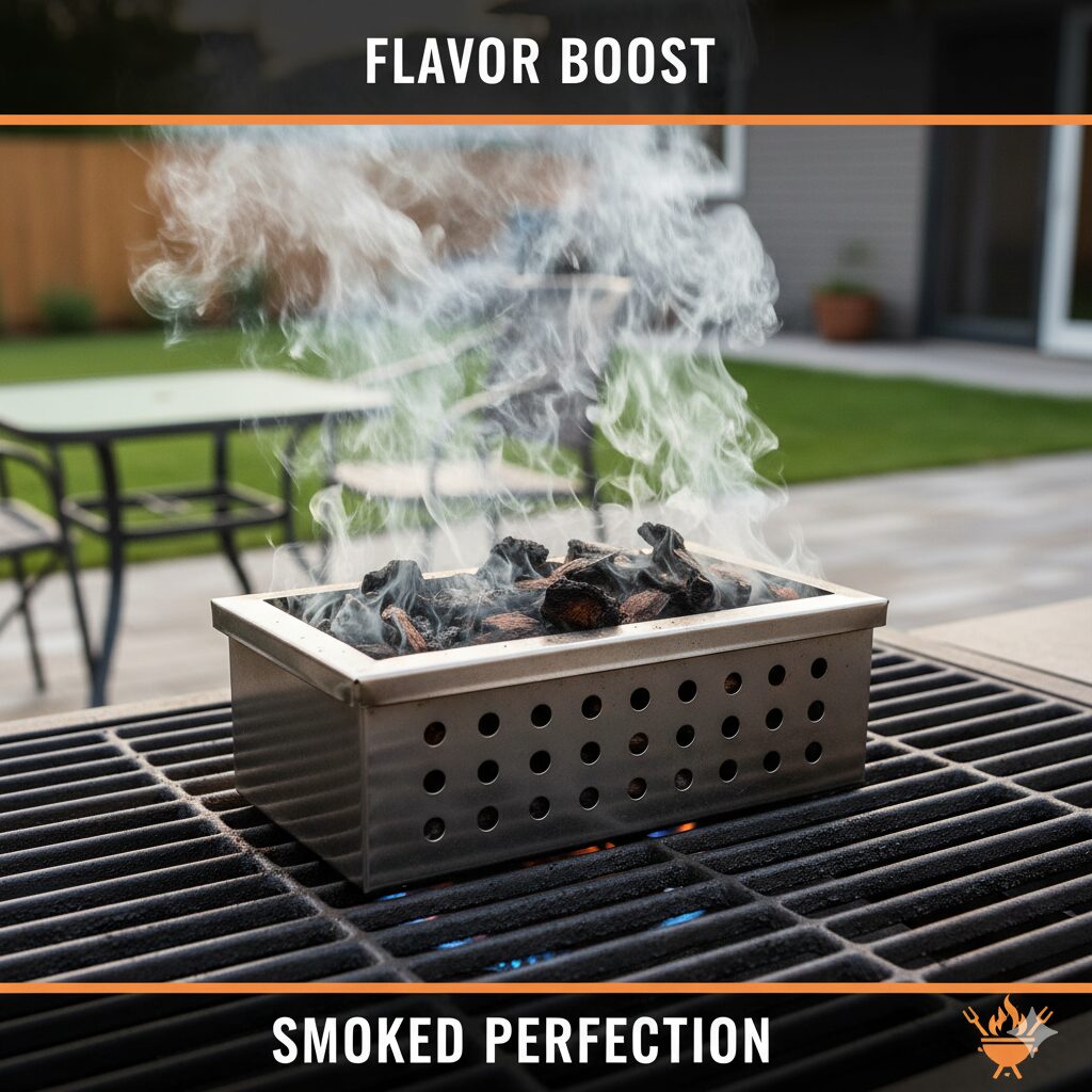 A smoker box filled with wood chips smoking on a gas grill grate.