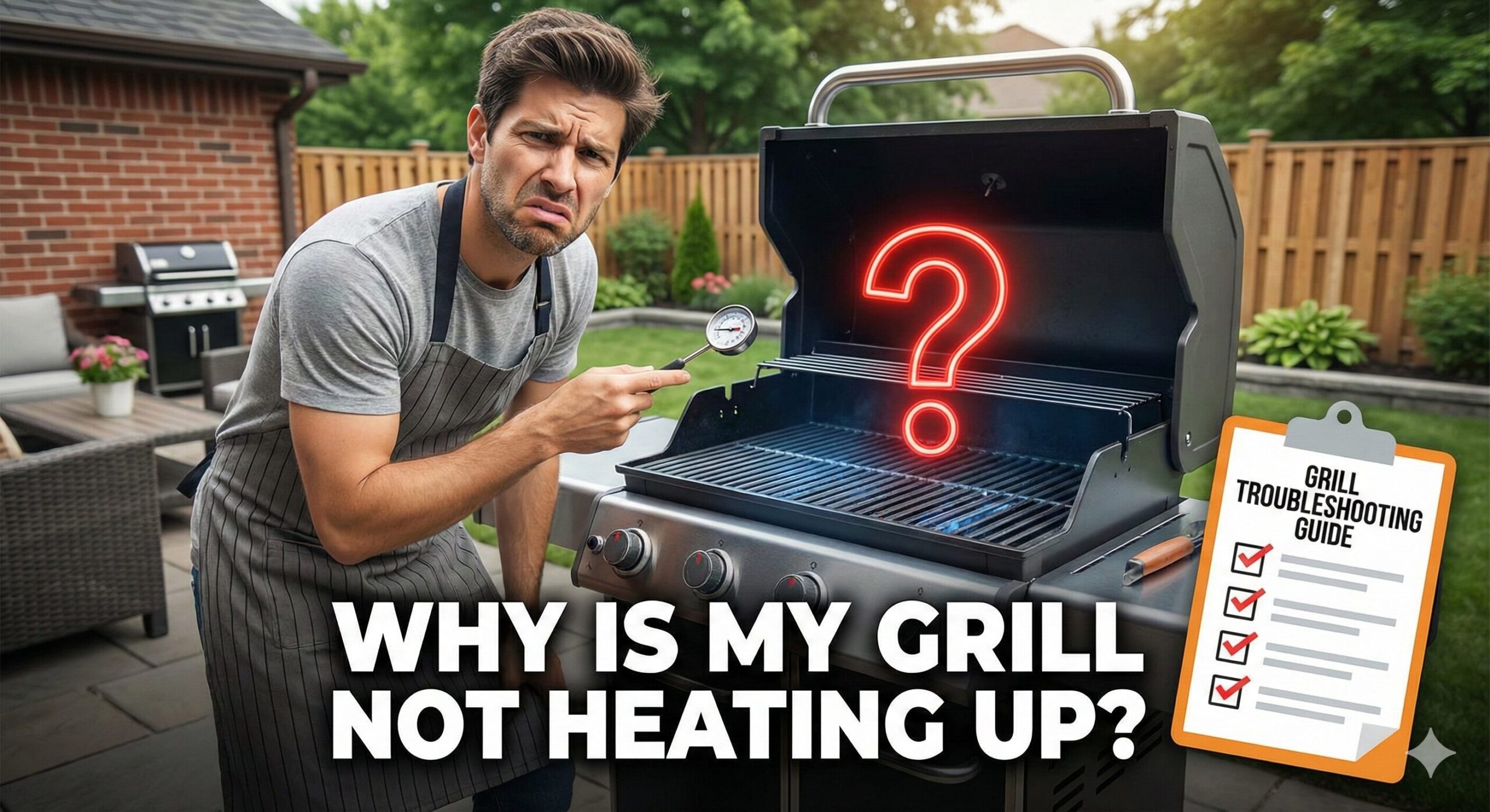 Person inspecting gas grill flames that are burning low and weak