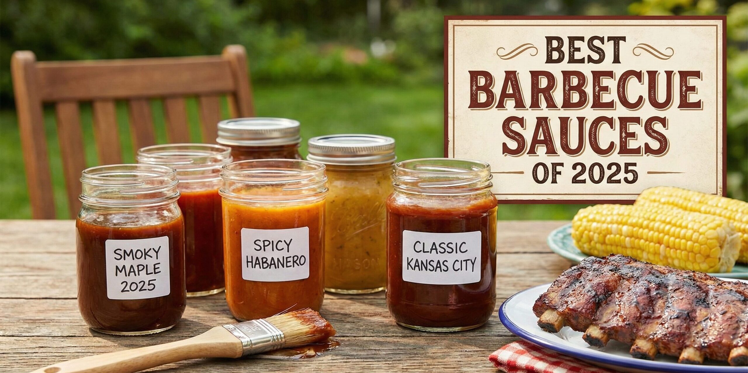 Various bottles of the best barbecue sauce next to a rack of ribs