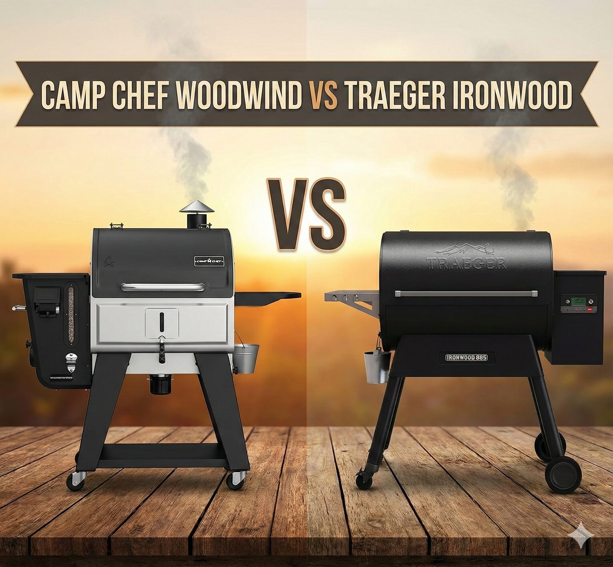 Camp Chef Woodwind and Traeger Ironwood pellet grills side by side in a patio setting