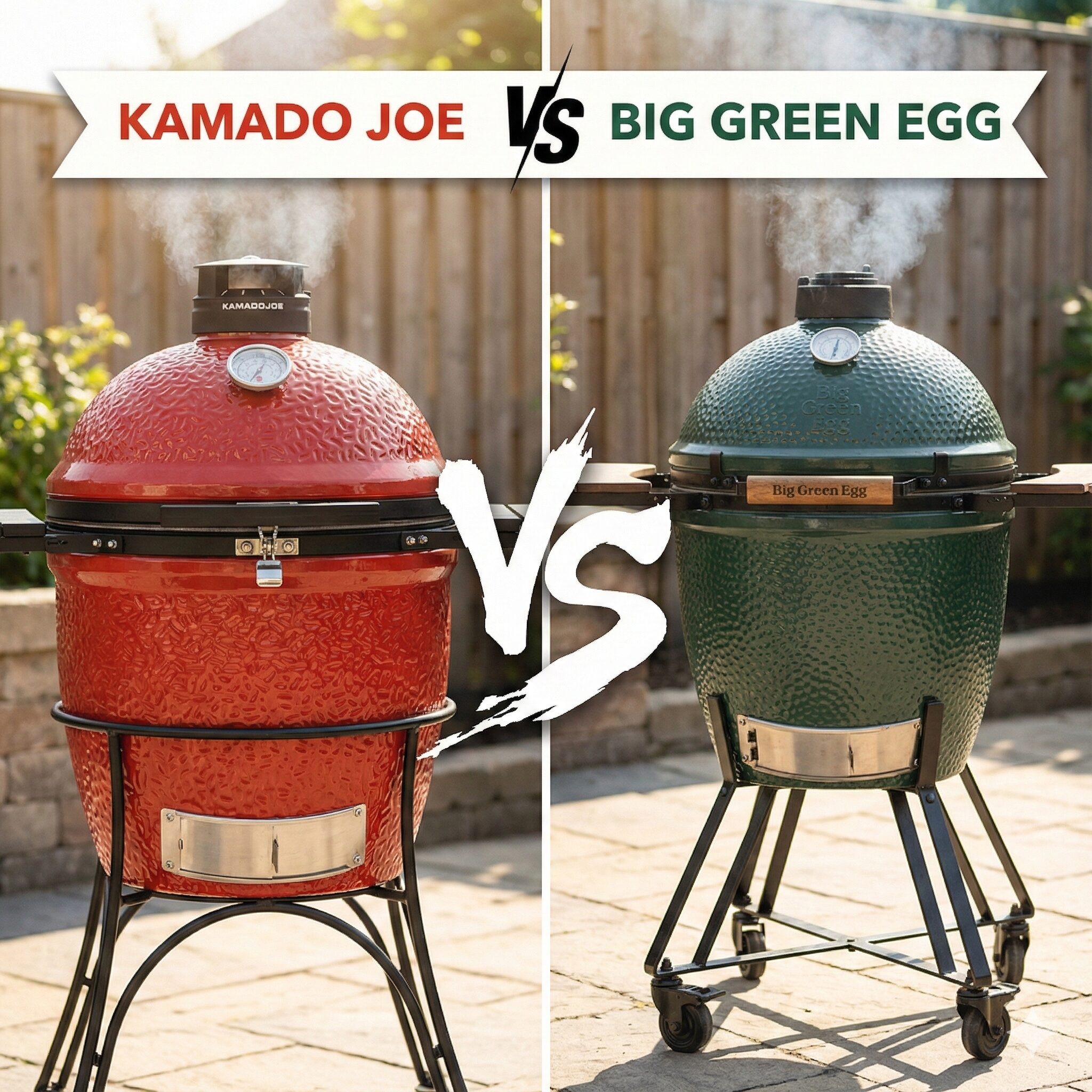 Side by side comparison of a red Kamado Joe Classic and a green Big Green Egg Large grill