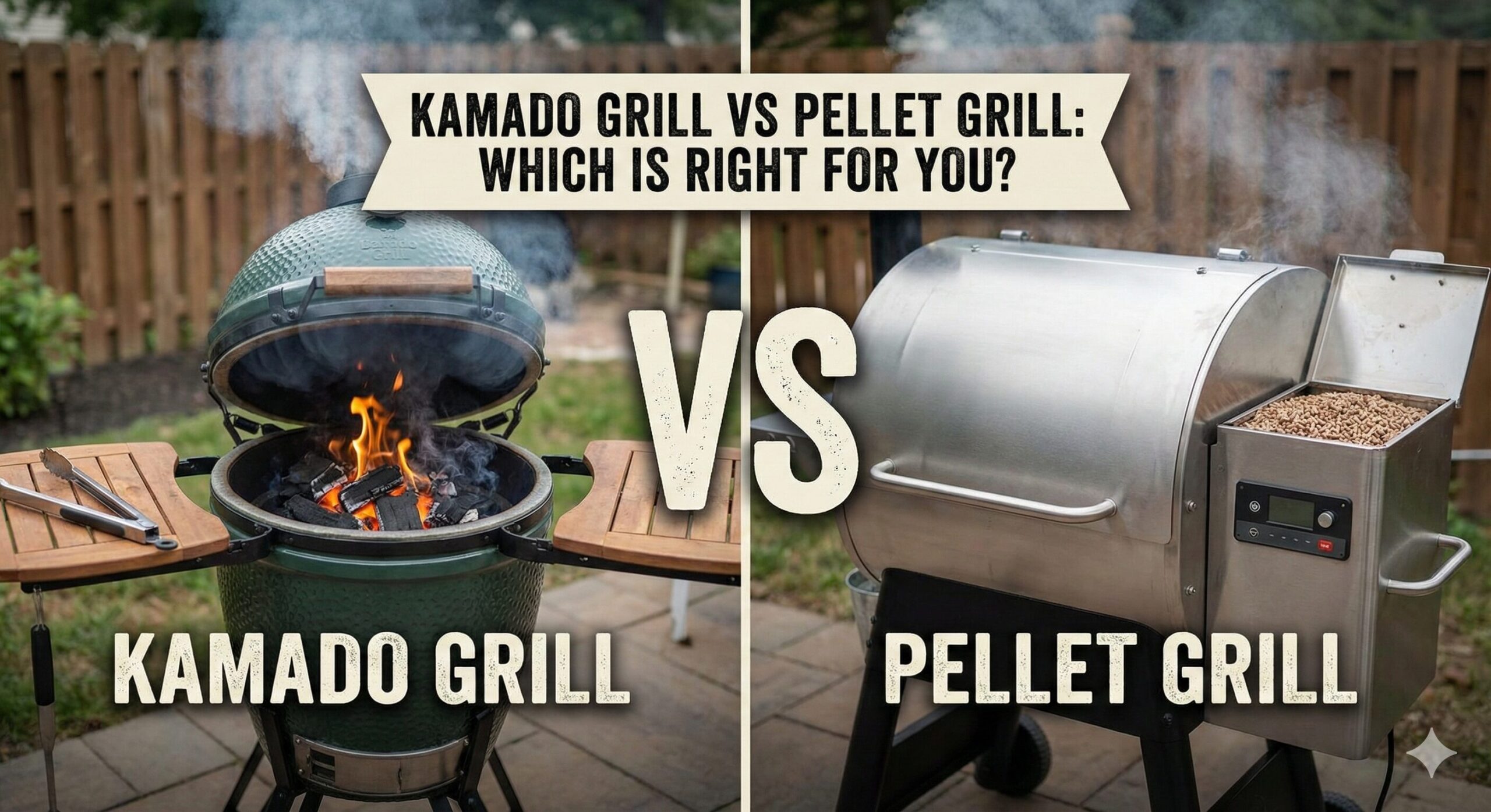 Kamado grill vs pellet grill comparison in a backyard setting