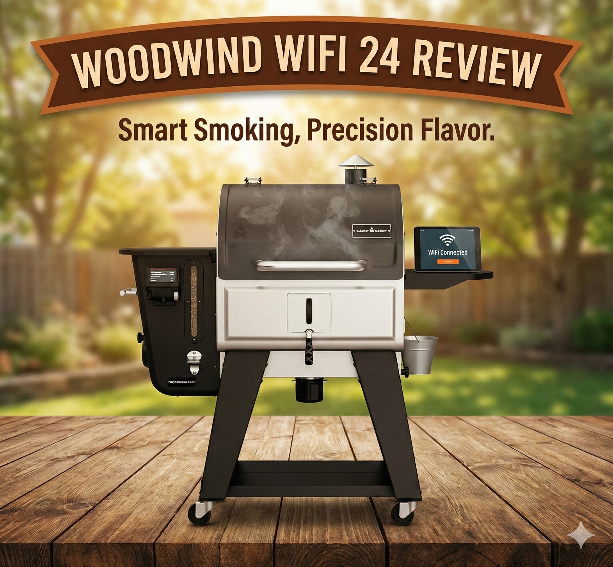 Camp Chef Woodwind WiFi 24 Pellet Grill on a wooden deck with smoke rising