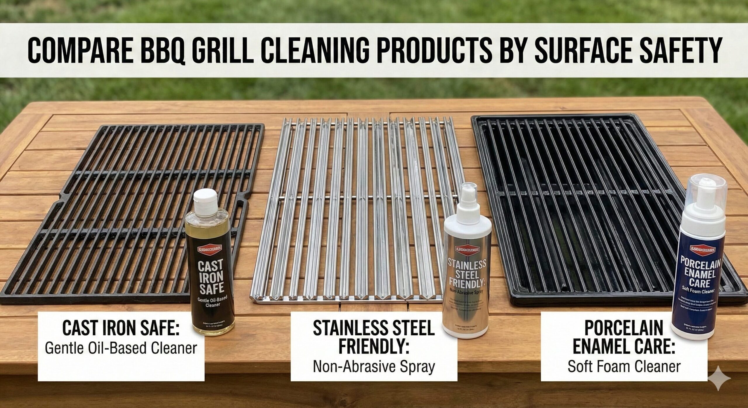 Close-up of cleaning a dirty barbecue grill grate with a brush and spray cleaner