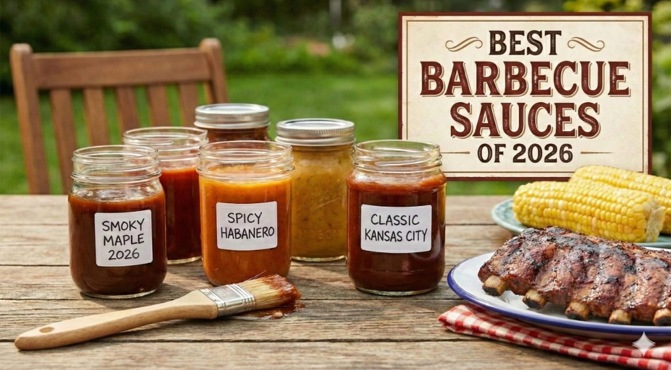 Various bottles of the best barbecue sauce next to a rack of ribs