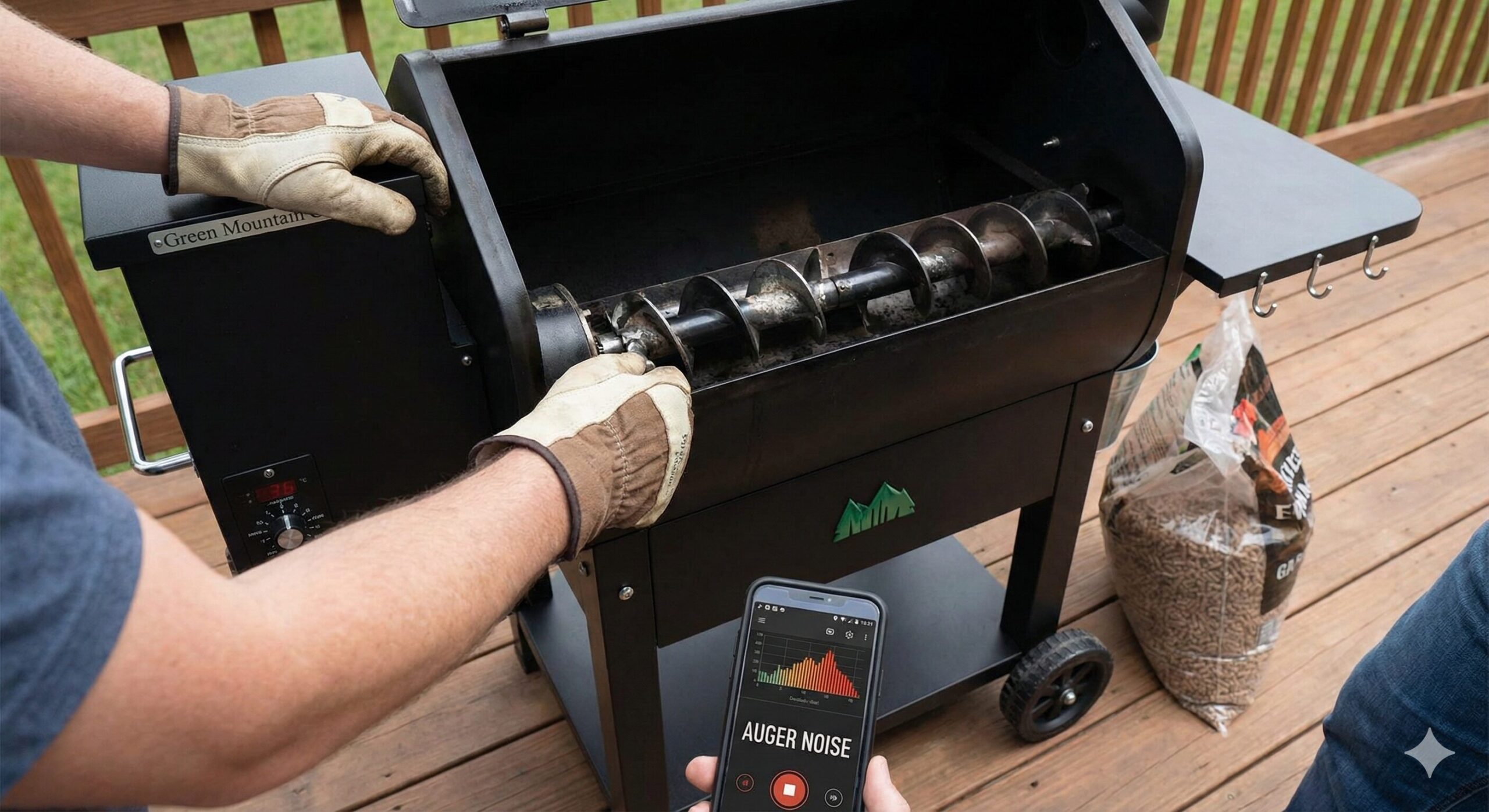 Green Mountain Grill auger mechanism showing pellets and motor