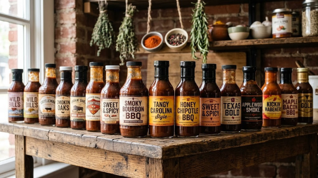 Multiple bottles of BBQ sauce on a wooden shelf