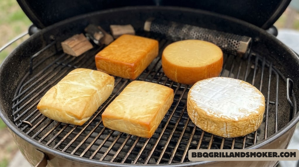 Assorted cheeses — cheddar, gouda, mozzarella, and brie — after cold smoking on a grill grate, showing golden-brown smoky exteriors