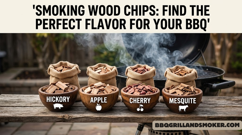 Assortment of BBQ smoking wood chips including hickory, apple, cherry, and mesquite varieties