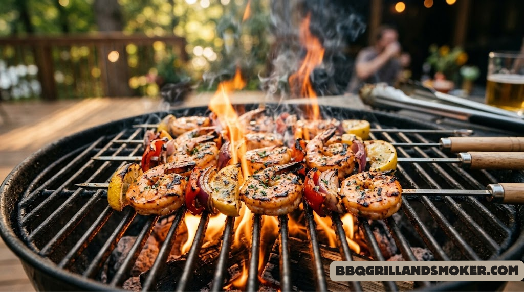 BBQ Grilled Shrimp Skewers sizzling on a hot grill with flames