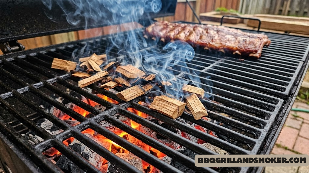 BBQ smoke wood chips on a hot grill with glowing embers