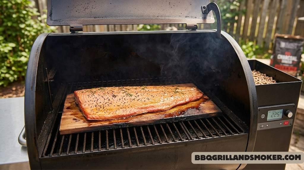 Beautifully smoked salmon fillet on a cedar plank resting on a pellet grill grate, pale copper color with visible smoke ring
