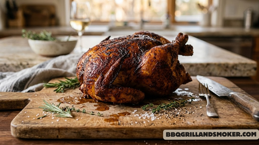 Beautifully smoked whole chicken with deep mahogany bark resting on a cutting board