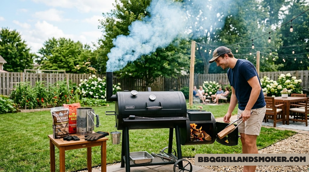 Beginner smoker setup with smoke rising from offset smoker in backyard