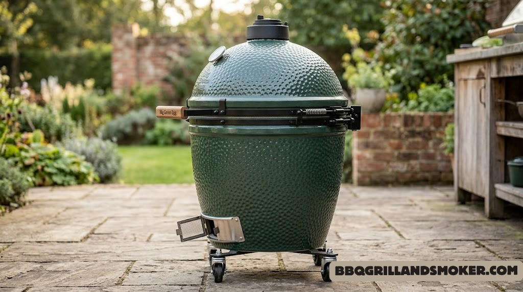 Big Green Egg Large from the side showing the ceramic dome, bottom vent, and latch system