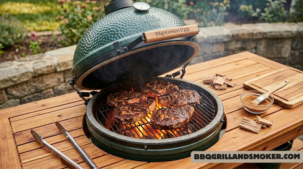 Big Green Egg Large kamado grill on a cedar table with glowing coals and steaks on the grate