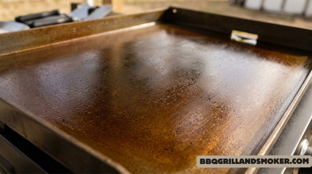Blackstone 36 griddle cooking surface close-up showing seasoned cold-rolled steel