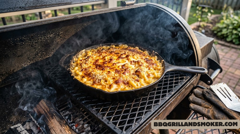 Bubbling smoked mac and cheese in a cast iron skillet on a smoker