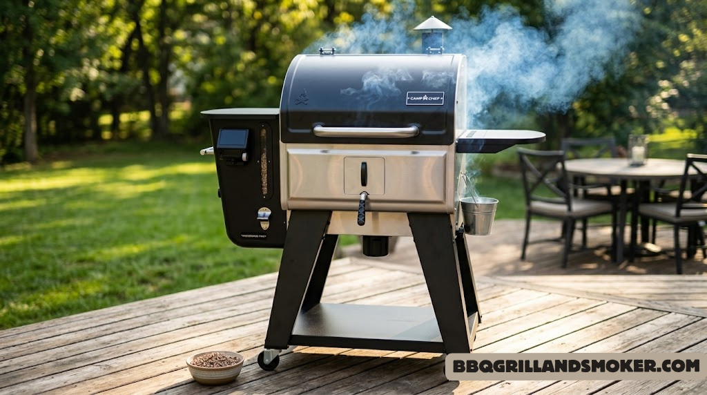 Camp Chef Woodwind WiFi pellet grill on a deck with smoke rising from the grates