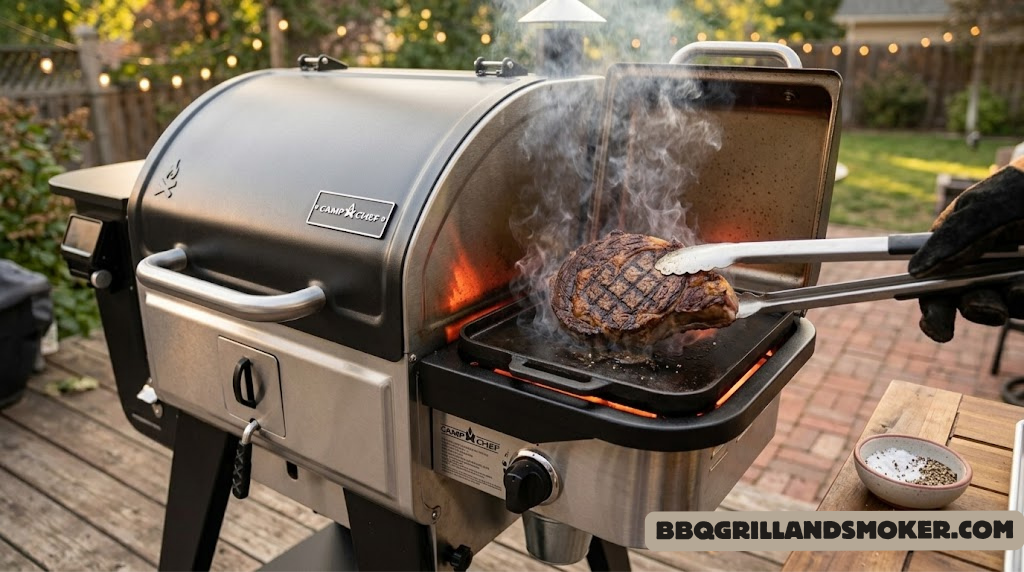 Camp Chef Woodwind with Sidekick propane attachment showing searing capability