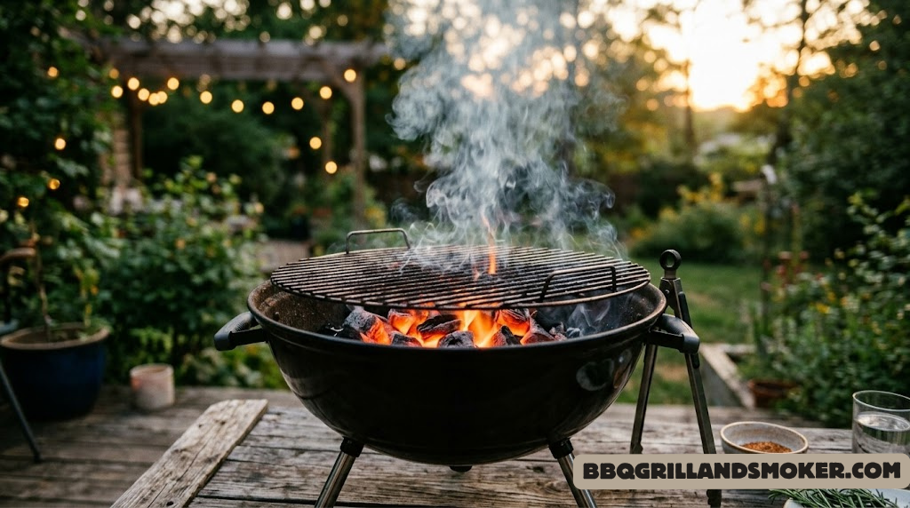 Charcoal grill with glowing coals and smoke rising