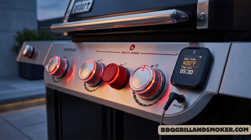 Close-up of Weber Genesis EX-335 LED-illuminated control panel and built-in Weber Connect smart hub