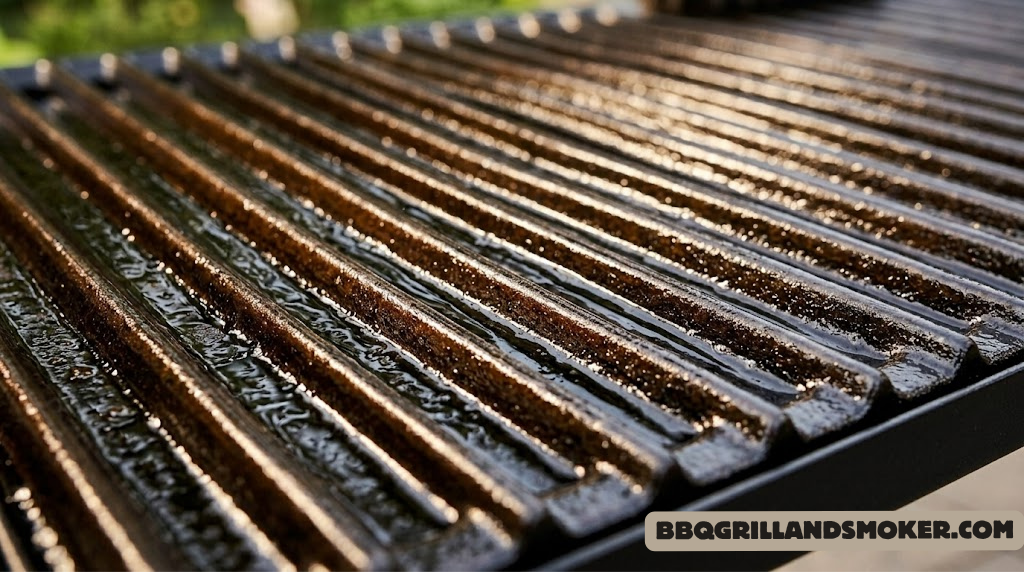 Close-up of a cast iron grill grate with a shiny polymerized oil seasoning