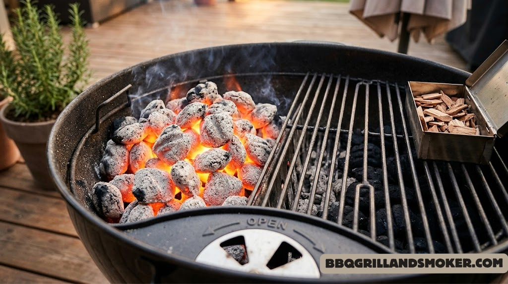Close-up of charcoal briquettes glowing orange in a grill, showing heat zones and vent positioning for temperature control