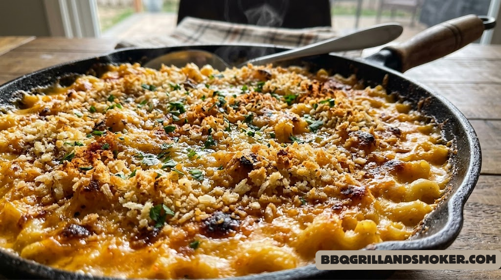 Close up of golden, crusty smoked mac and cheese topped with crispy breadcrumbs in a cast iron pan