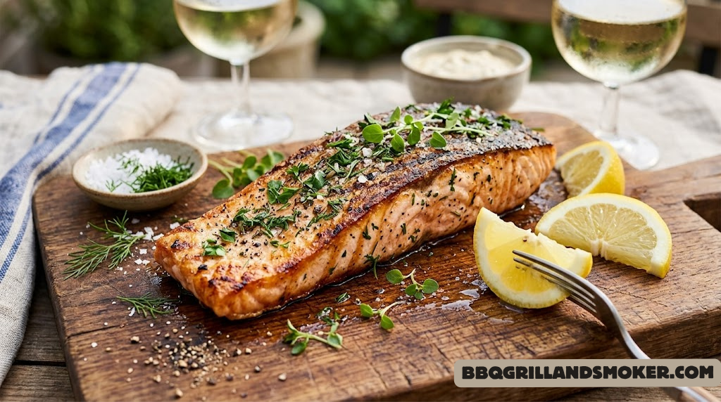 Close-up of grilled salmon fillet with crispy skin, fresh herbs, and lemon wedges on wooden board