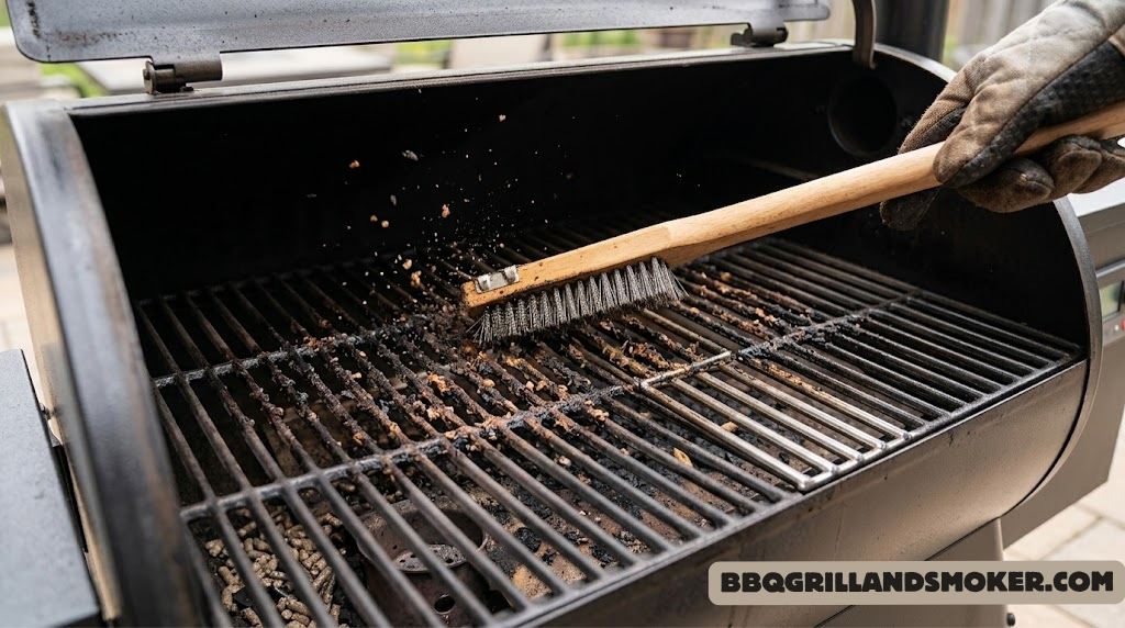 Close up of pellet grill grates being cleaned with a wire brush