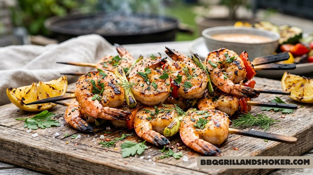 Close-up of perfectly grilled shrimp skewers with caramelized edges and herbs