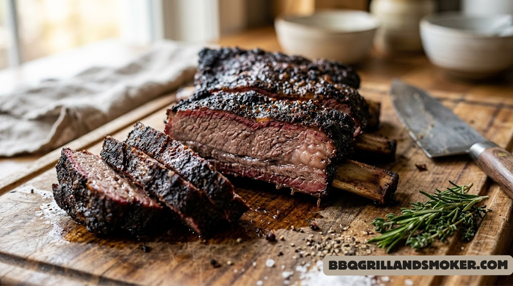 Close-up of smoked beef short ribs with dark bark crust sliced on cutting board