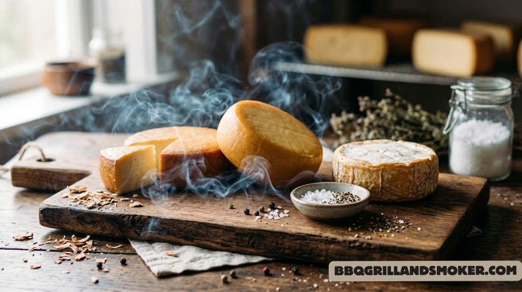 Cold smoked cheese wheels resting on a wooden board with wisps of smoke curling around them