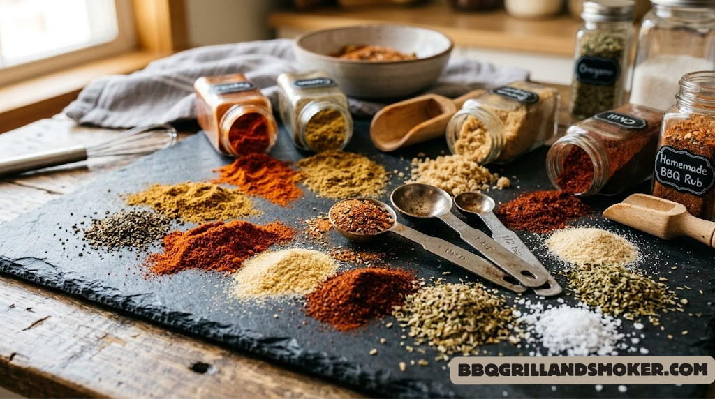 Colorful homemade BBQ dry rub spices spread on a dark slate surface with measuring spoons