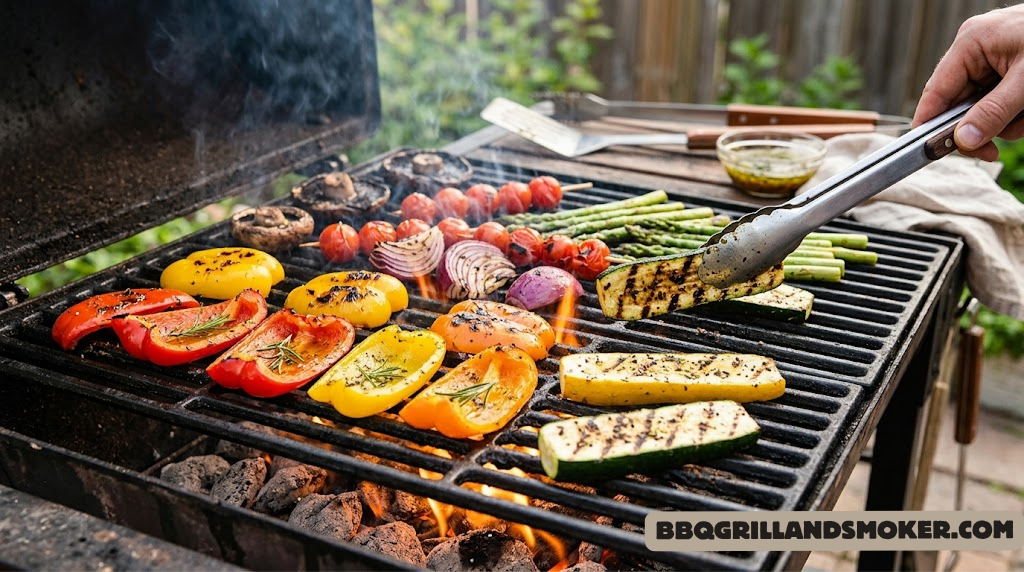 Colorful vegetables grilling over open flame with beautiful char marks