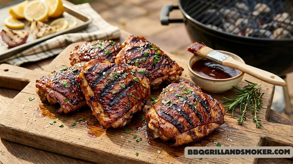 Crispy BBQ grilled chicken thighs with charred grill marks and BBQ glaze