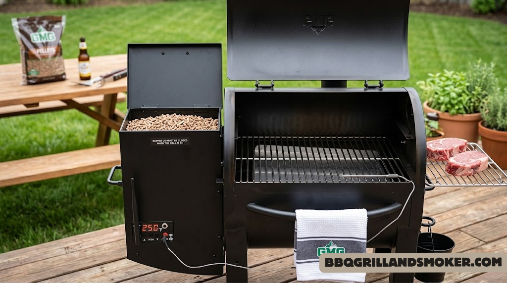 Davy Crockett grill open lid showing cooking grates and pellet hopper detail