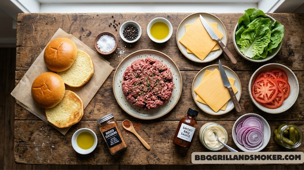 Flat-lay of burger ingredients: ground beef, seasoning, buns, cheese, toppings