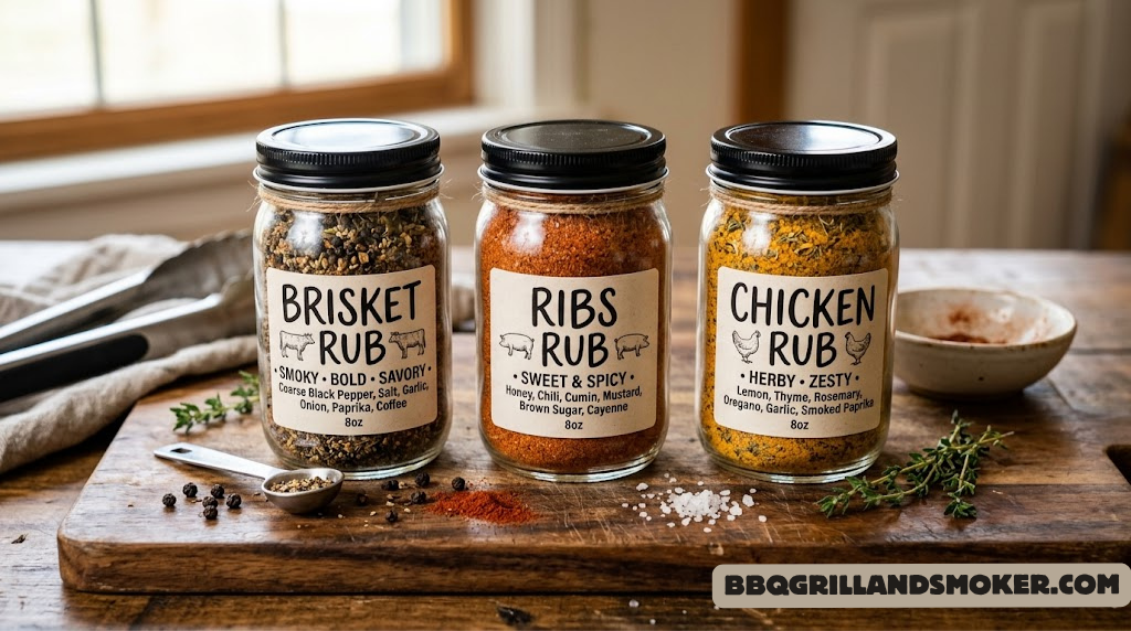 Glass jars of homemade BBQ dry rub spice blends labeled for brisket, ribs, and chicken, arranged on a wooden cutting board