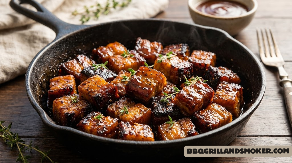 Glazed pork belly burnt ends with deep caramelized bark in a cast iron skillet