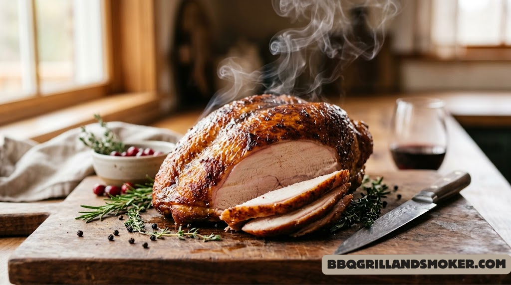 Golden-brown smoked turkey breast on a cutting board with smoke rising