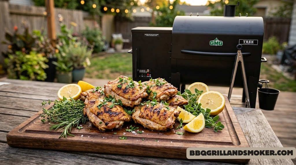 Golden grilled chicken thighs resting on a cutting board with herbs and lemon