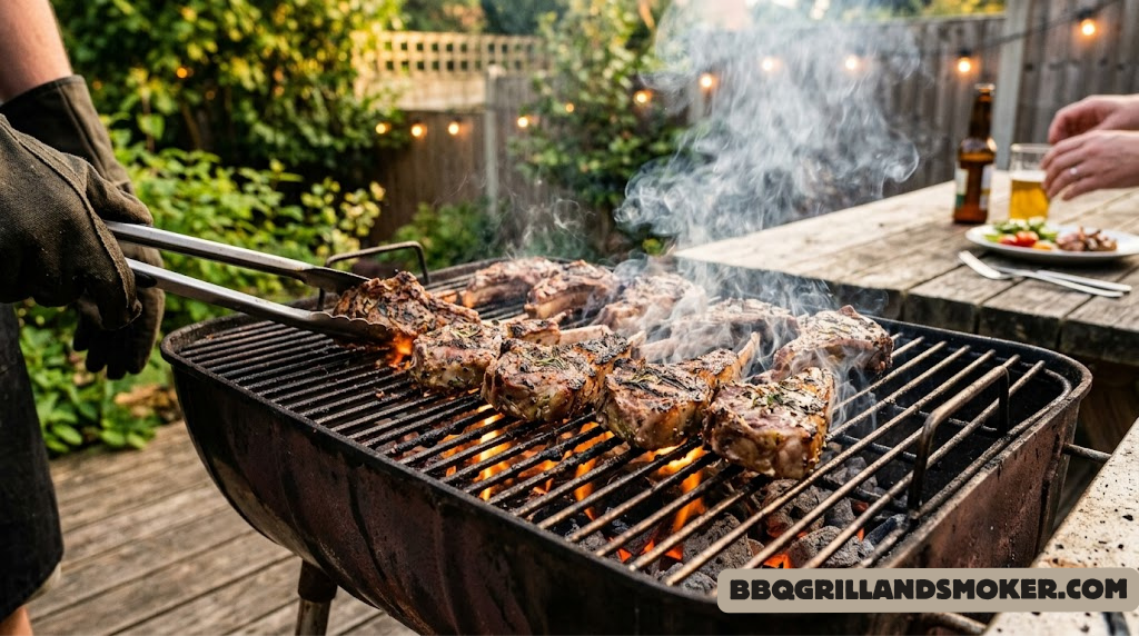 Juicy grilled lamb chops with perfect char marks over an open flame