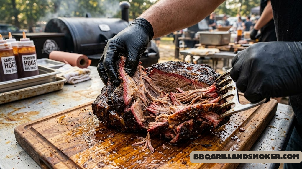 Juicy smoked pulled pork being pulled apart showing smoke ring and moist texture