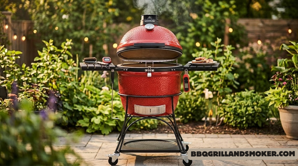 Kamado Joe Classic II ceramic charcoal grill in Blaze Red on cart
