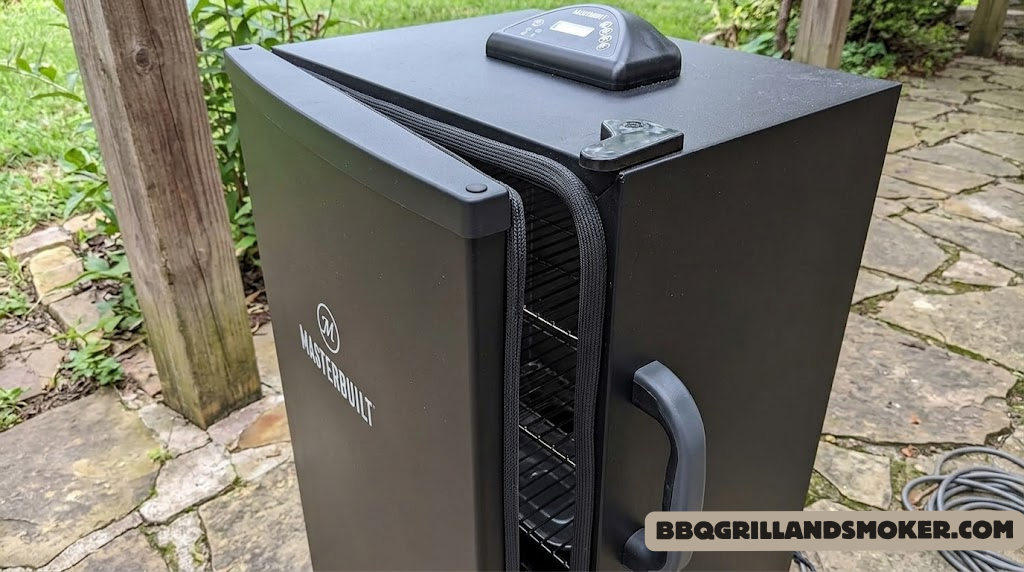 Masterbuilt 30 electric smoker side view showing front controller and door seal