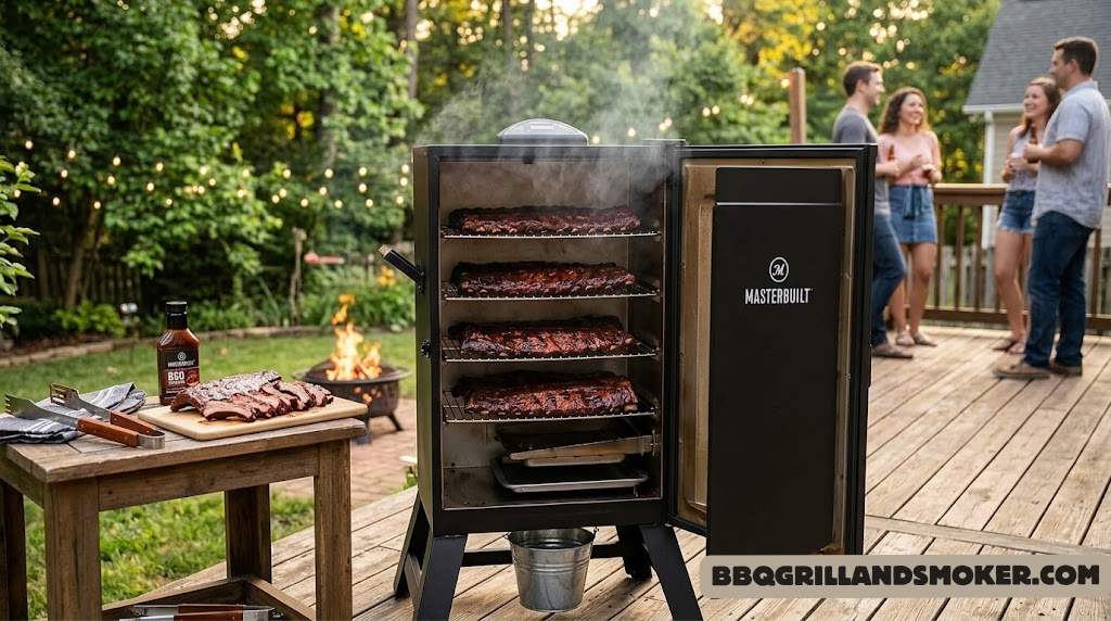 Masterbuilt 30-inch Electric Smoker on a backyard deck loaded with ribs